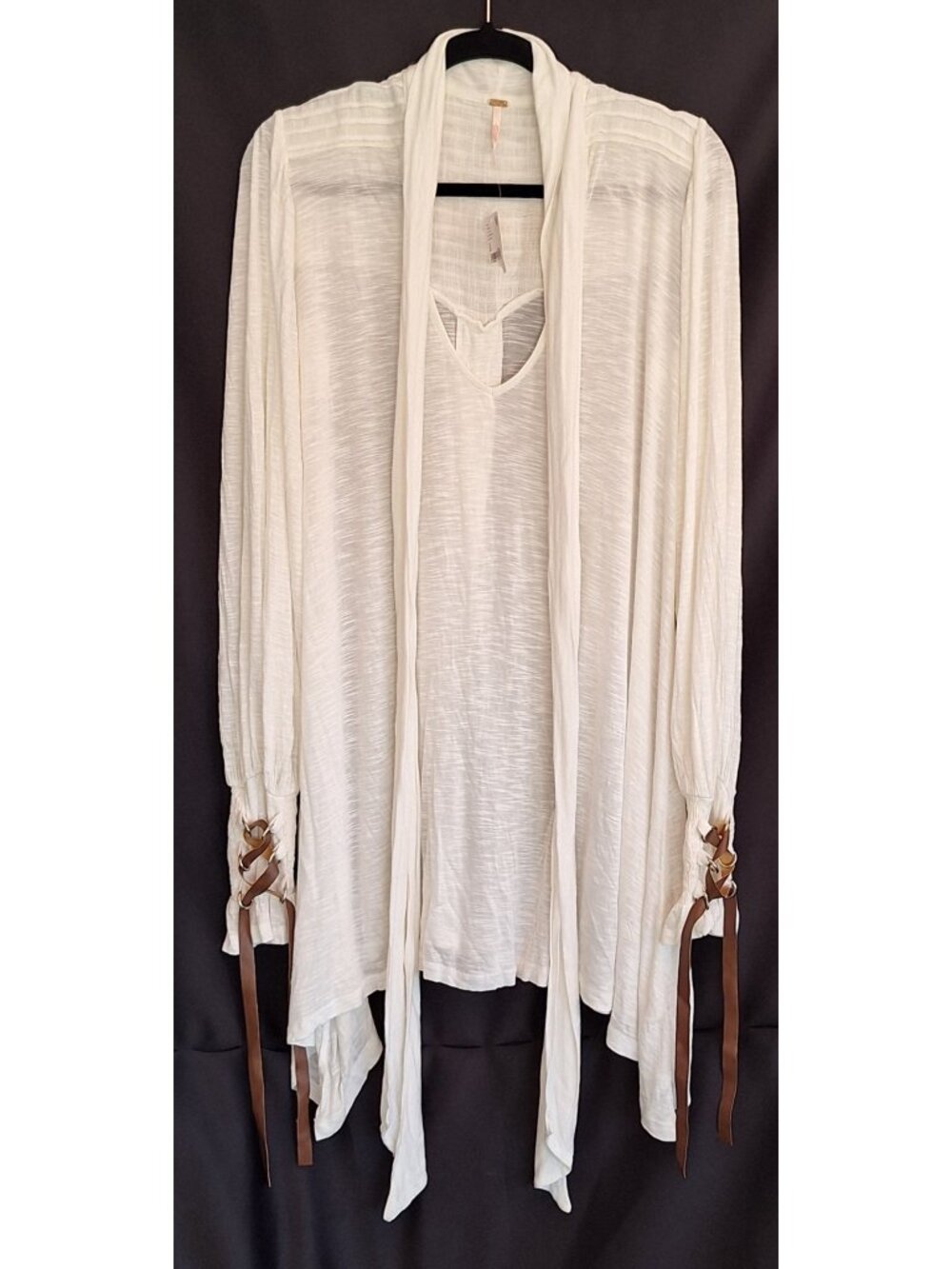 Free People Small Ivory Boho Tunic Top Scarf Neck Lace Up Cuffs Handkerchief Hem